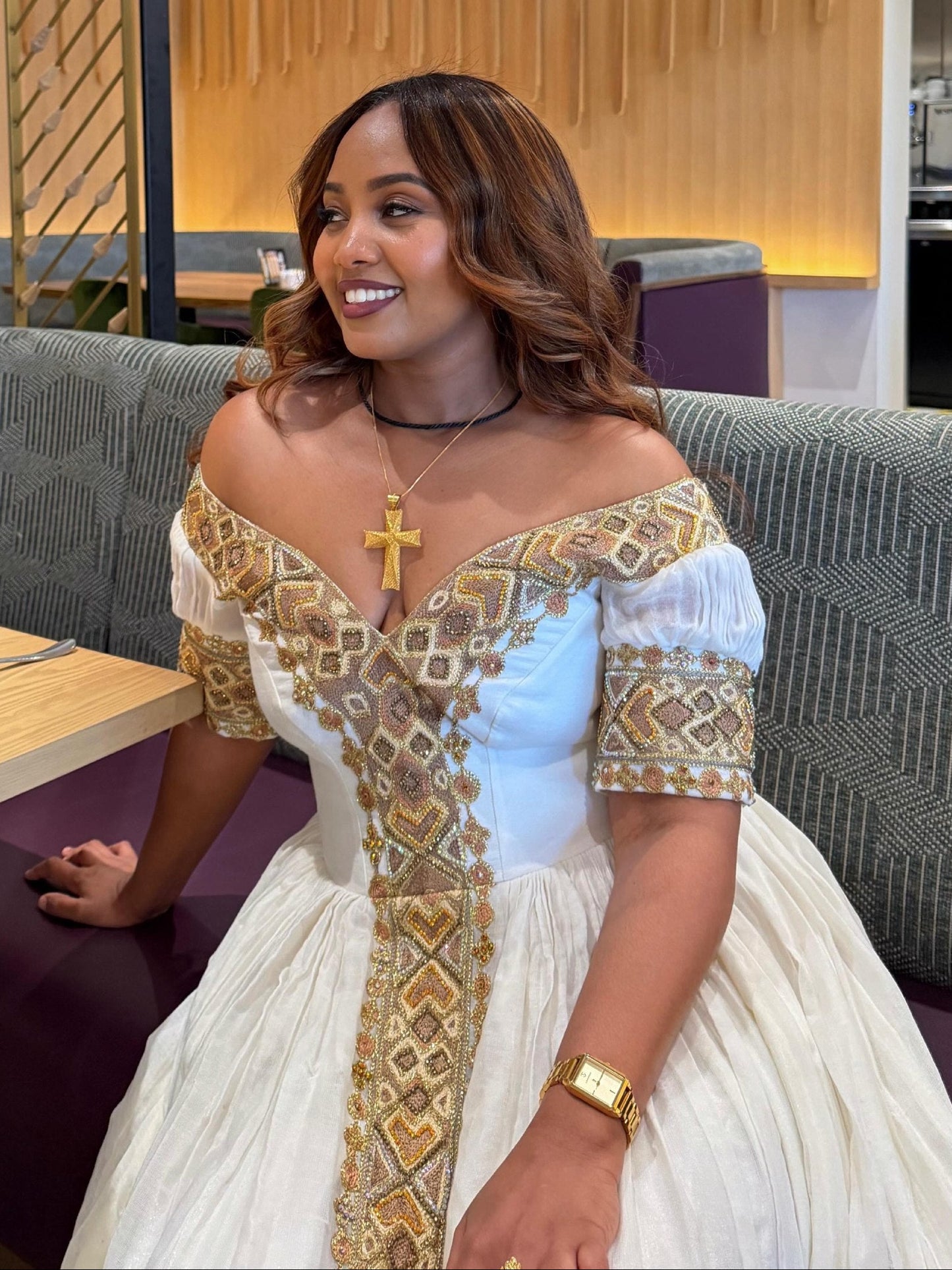 Golden Grace Ethiopian Clothing Off-Shoulder Habesha Kemis Short Sleeve Habesha Dress 885