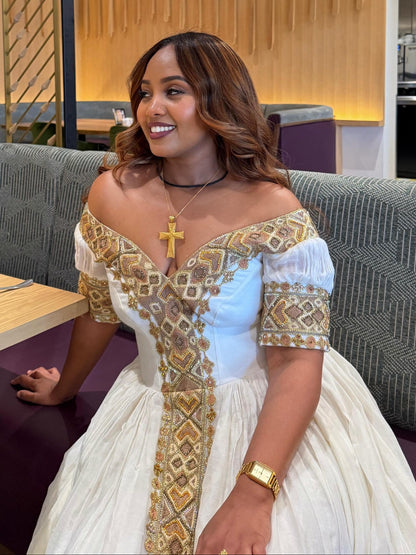 Golden Grace Ethiopian Clothing Off-Shoulder Habesha Kemis Short Sleeve Habesha Dress 885