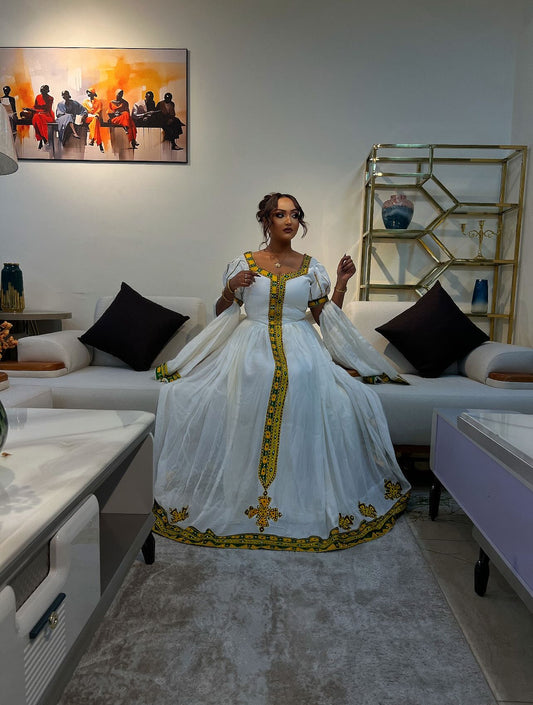 Traditional Ethiopian Dress with Yellow Cross Embroidery