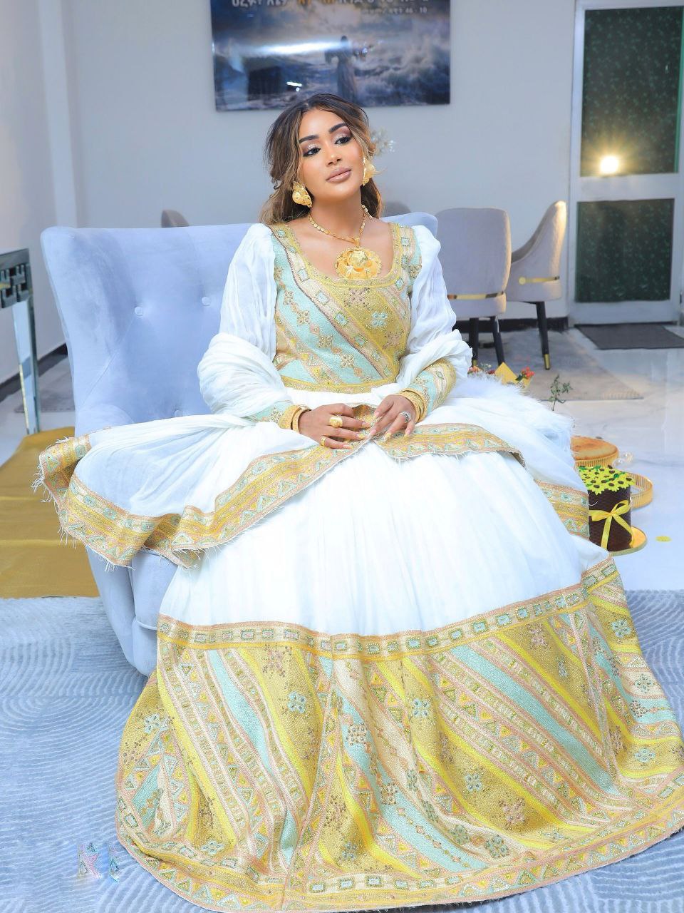 elegant white and gold embroidered Habesha Dress Ethiopian wedding dress Habesha Kemis For Wedding 175