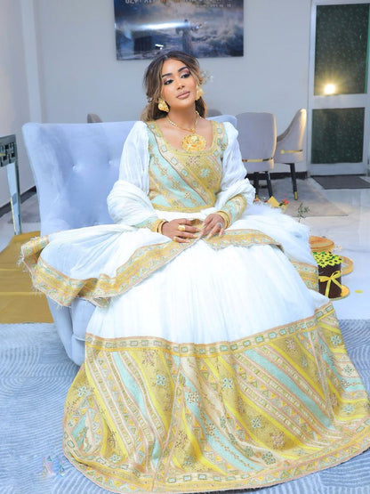 elegant white and gold embroidered Habesha Dress Ethiopian wedding dress Habesha Kemis For Wedding 175