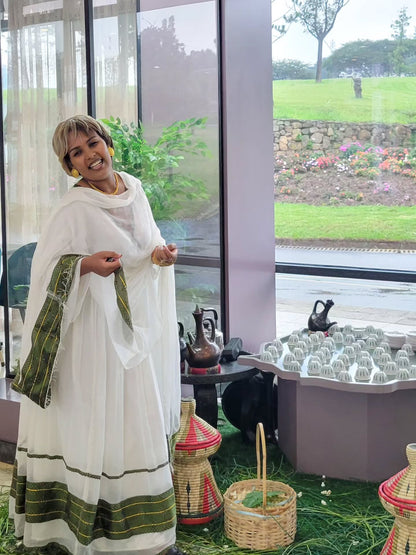 Royal Habesha Kemis White Cultural Dress with Green Tibeb Accents Festive Habesha Dress 230
