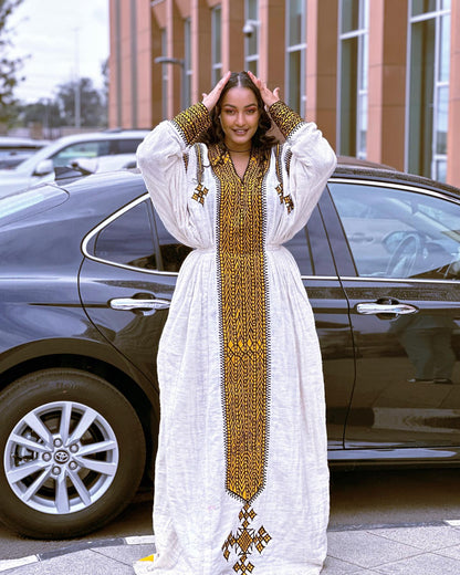 Premium Habesha Kemis Online Unique Ethiopian Dress & Traditional Wear Bold Geometric Embroidery Habesha Dress 248