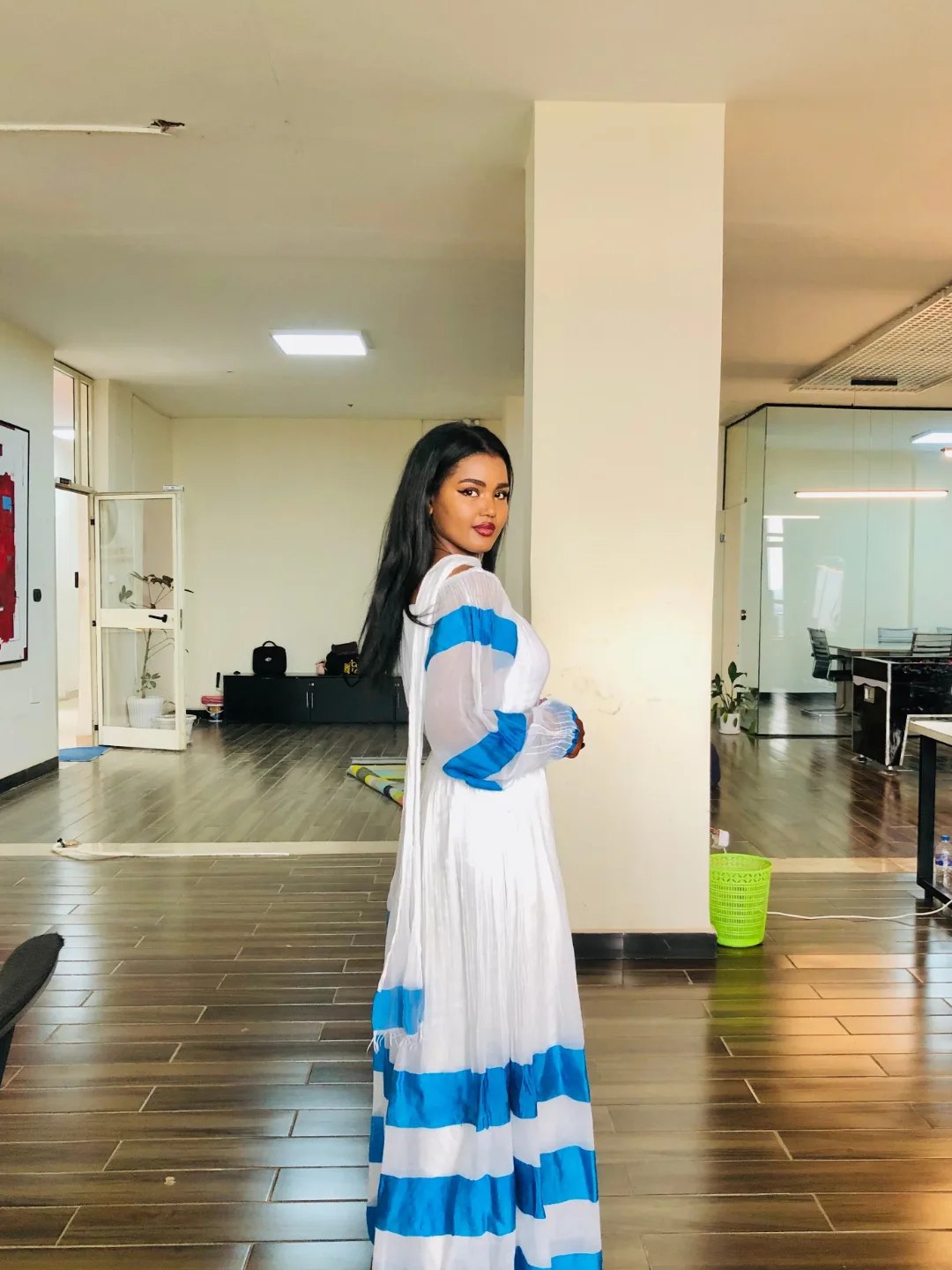 Flowy Habesha Kemis Habesha Dress with Blue Stripes Ethiopian Clothing 304