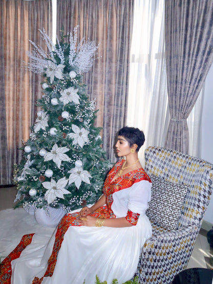Robe ivoire avec broderie rouge Habesha Kemis Robe traditionnelle éthiopienne Modèle fluide Robe Habesha 430