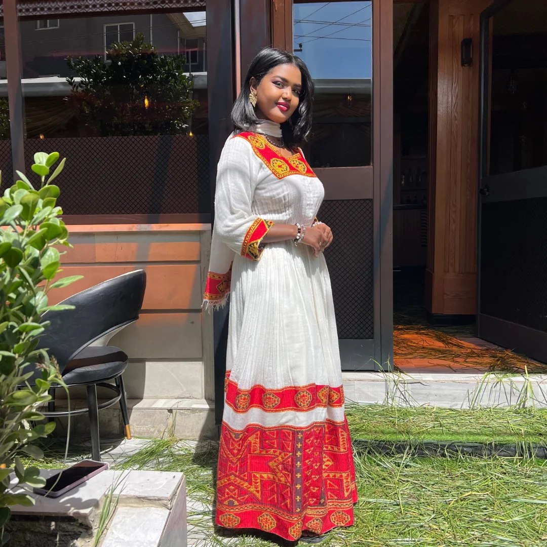 Authentic Ethiopian Clothing Collection Classic Habesha Dress Red Woven Habesha Kemis 444