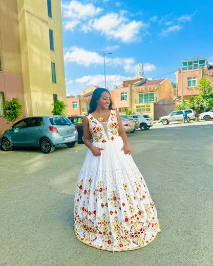 Sleeveless Habesha Kemis Red and Gold Cross Embroidery Habesha Dress Timeless Ethiopian Wedding Dress 551