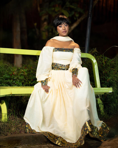 Off-Shoulder Habesha Kemis Long Sleeve Ethiopian Clothing Charming Habesha Dress 659