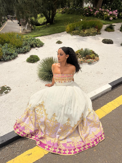 Charming Habesha Dress Strapless Pink Embroidery Habesha Kemis Ethiopian Traditional Wedding Dress 713