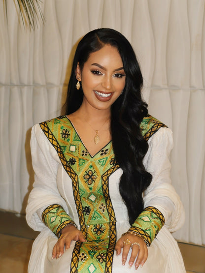 Golden And Green Embroidery Ethiopian Clothing Long Sleeve Habesha Kemis Festive Habesha Dress 716