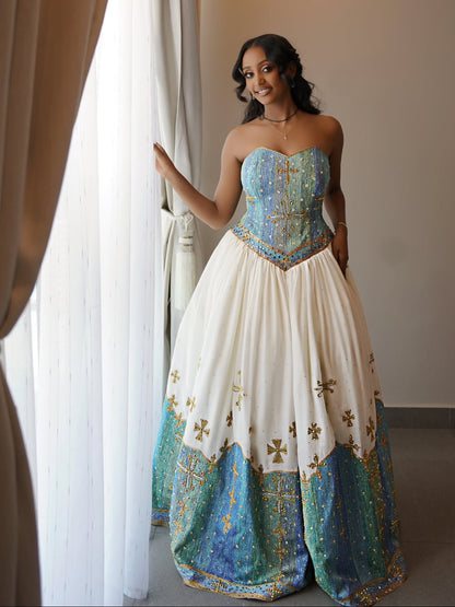 Traditional Ethiopian Wedding Dress Stylish Eritrean Dress with Green and Blue Cultural Embroidery