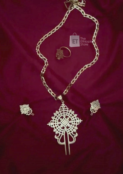3-Piece Cross Design Golden Color Traditional Ethiopian Jewelry Habesha Jewelry Set Includes Necklace, Earrings and  Ring