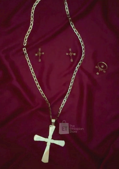 3-Piece Golden Toned Cross Habesha Jewelry Set Traditional Ethiopian Jewelry Includes Necklace, Earrings and  Ring