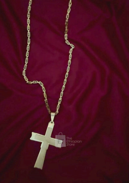 Golden Colored Ethiopian Cross Necklace with Beautiful Chain Habesha Necklace