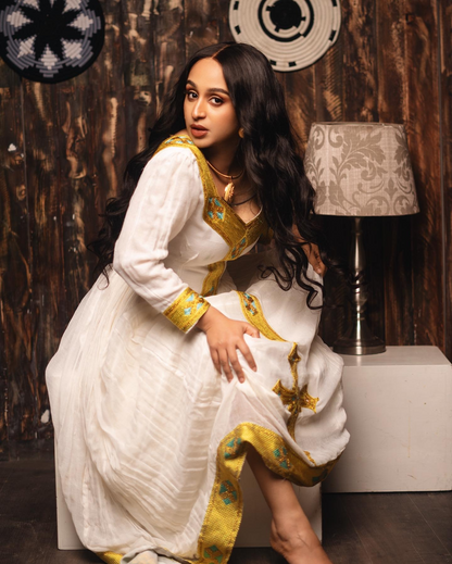 Golden Embroidery Long Sleeve Habesha Dress