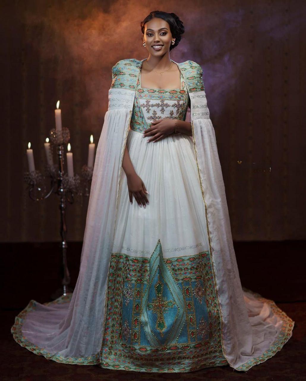 Majestic Habesha Wedding Dress with Embroidered Cape Gown for Elegant Ethiopian Grand Occasions