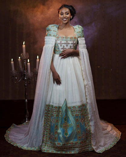 Majestic Habesha Wedding Dress with Embroidered Cape Gown for Elegant Ethiopian Grand Occasions
