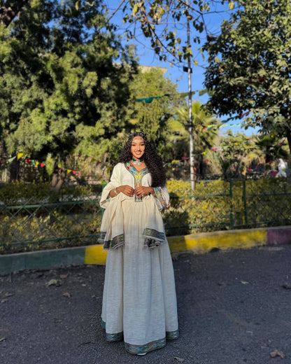 Elegant Habesha Dress with Colorful Embroidery – Ethiopian Traditional Clothing – Habesha Kemis