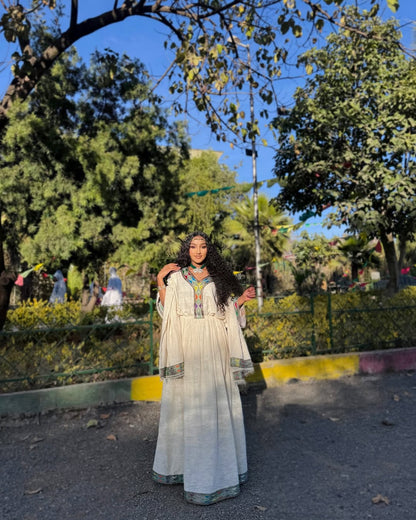 Elegant Habesha Dress with Colorful Embroidery – Ethiopian Traditional Clothing – Habesha Kemis