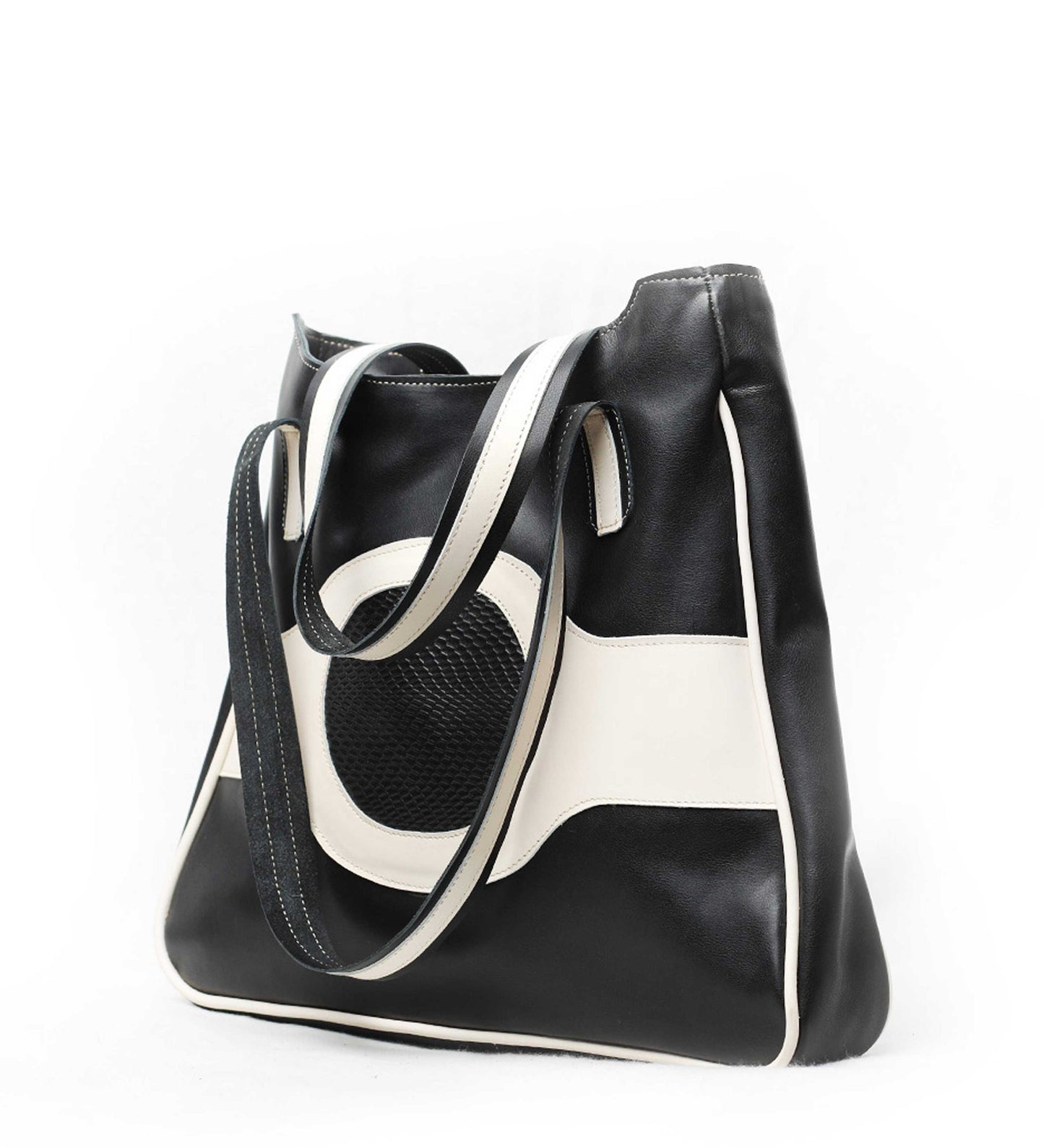 Betty black and white genuine Ethiopian leather tote bag