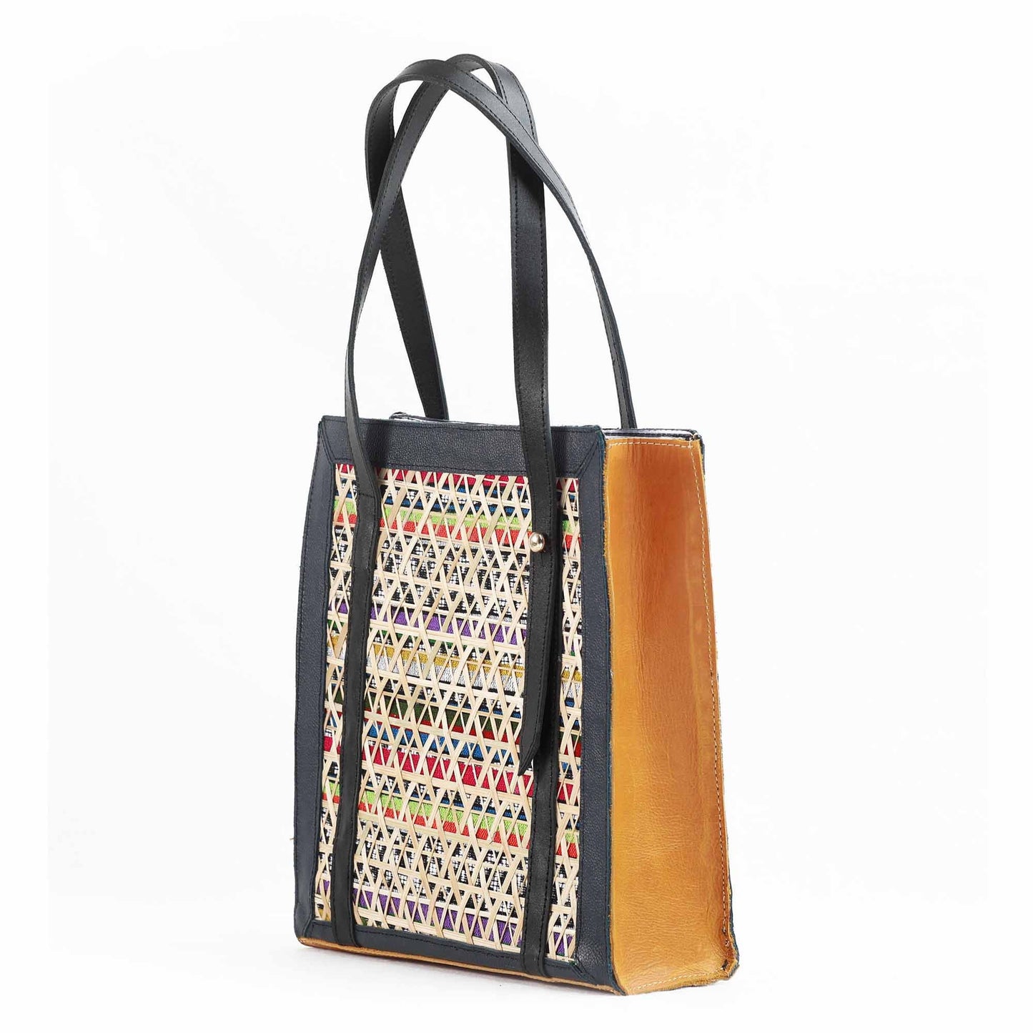 Unique Handmade Ethiopian Leather and Bamboo Tote Bag with Colorful Handwoven Fabric Lining – Sustainable Style for Any Occasion by Tenadam