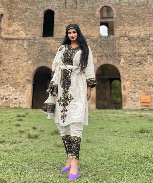 Tirtir Shimena 2-Piece Habesha Kemis with Tilf Neckline and Fetil, Habesha Kemis, Eritrean dress, ሀበሻ