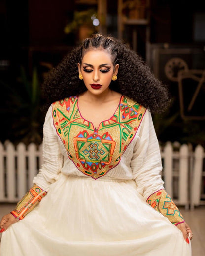 Exquisite Habesha Kemis with Modern Tilf Design and Shimena Silhouette, Habesha Kemis, Eritrean dress, ሀበሻ