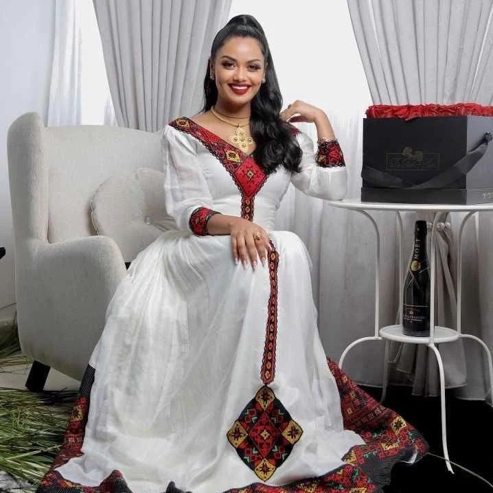 Ravishing Red Tilf Habesha Kemis with Shimena Dress and Menen Fabric, Habesha Kemis, Eritrean dress, ሀበሻ