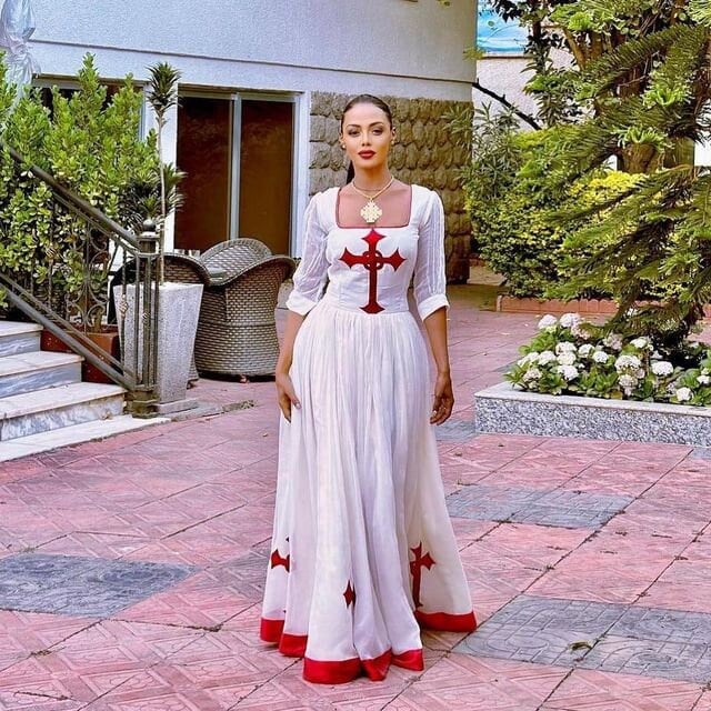 Regal red cross habesha dress design red tilf habesha kemis Eritrean dress