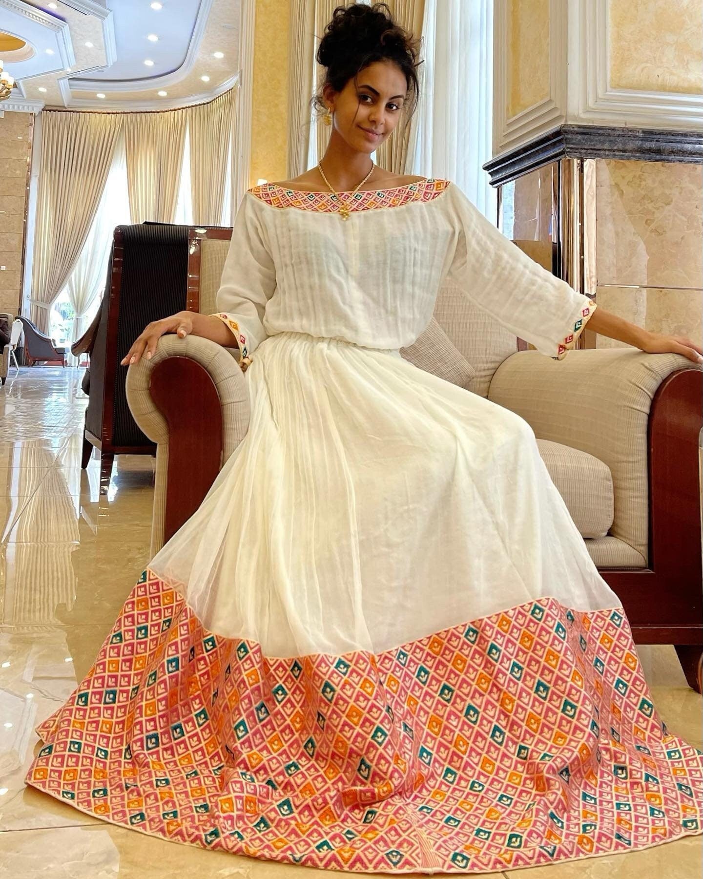 Light color habesha dress menen habesha kemis Eritrean dress