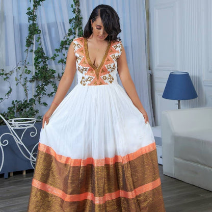Elegant Brown Shimena Dress with Delicate Tilf Embroidery, Habesha Kemis, Eritrean dress, ሀበሻ