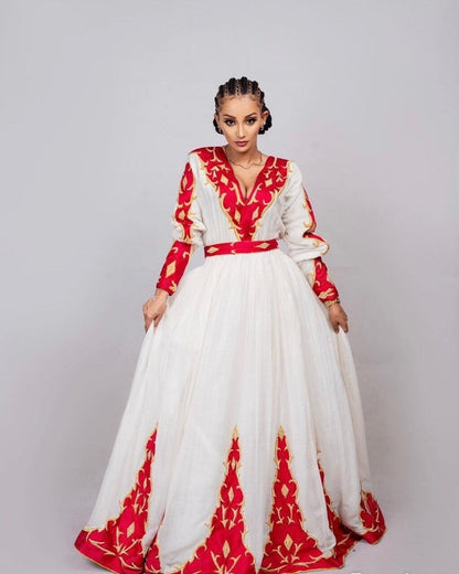 Vibrant red habesha dress embroidery habesha kemis design habesha libs 2023