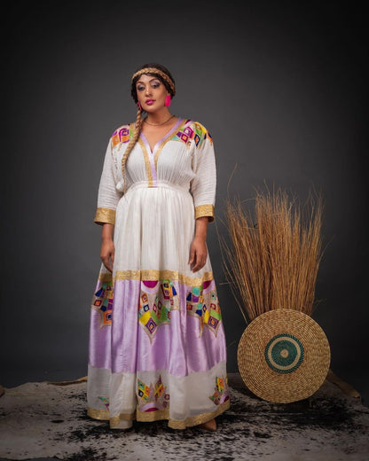 Exquisite Habesha Kemis with Diamond-Shaped Tilf Designs, Shimena Dress, and Menen Fabric, Habesha Kemis, Eritrean dress, ሀበሻ