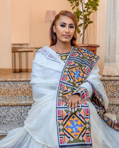 Regal Habesha Kemis with Menen Fabric, Shimena Dress, and Detailed Tilf Pattern Design, Habesha dress, Eritrean dress, ሀበሻ