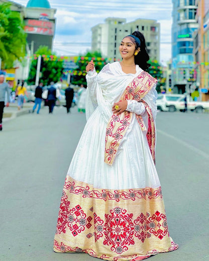 Majestic Habesha Kemis with Menen Fabric, Shimena Dress, and Exquisite Tilf Design, Habesha dress, Eritrean dress, ሀበሻ