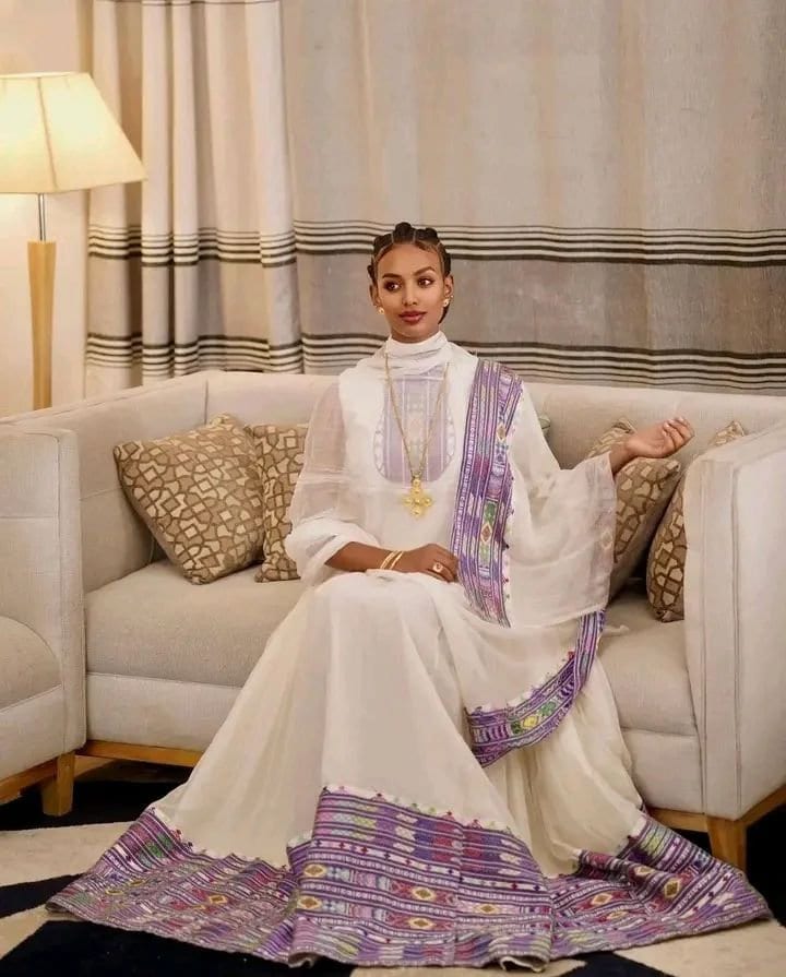Majestic Habesha Dress with Menen Fabric, Tilf Design, and Shimena Accent, Zuria, Habesha libs, Habesha kemis, ሀበሻ