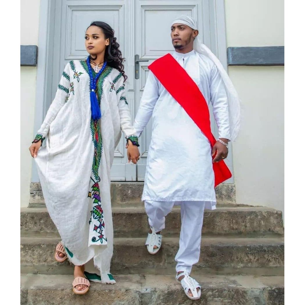 Handwoven Couples Matching Traditional Cloth for Men and Women Habesha Couples Cloth Including Man's Shoes ሀበሻ
