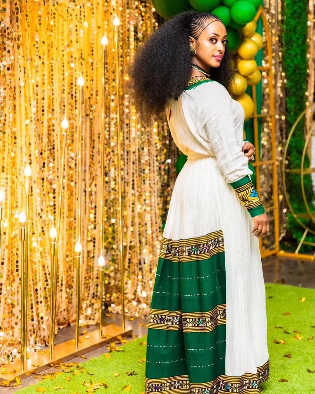 Lush Elegance: Handwoven Green Habesha Dress - Traditional Beauty with Exquisite Embroidery!
